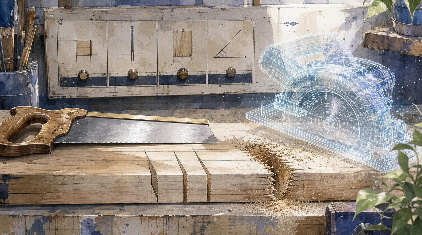 A workshop bench with a physical handsaw beside a glowing translucent circuit-patterned saw, over wood with clean and splintered cuts.