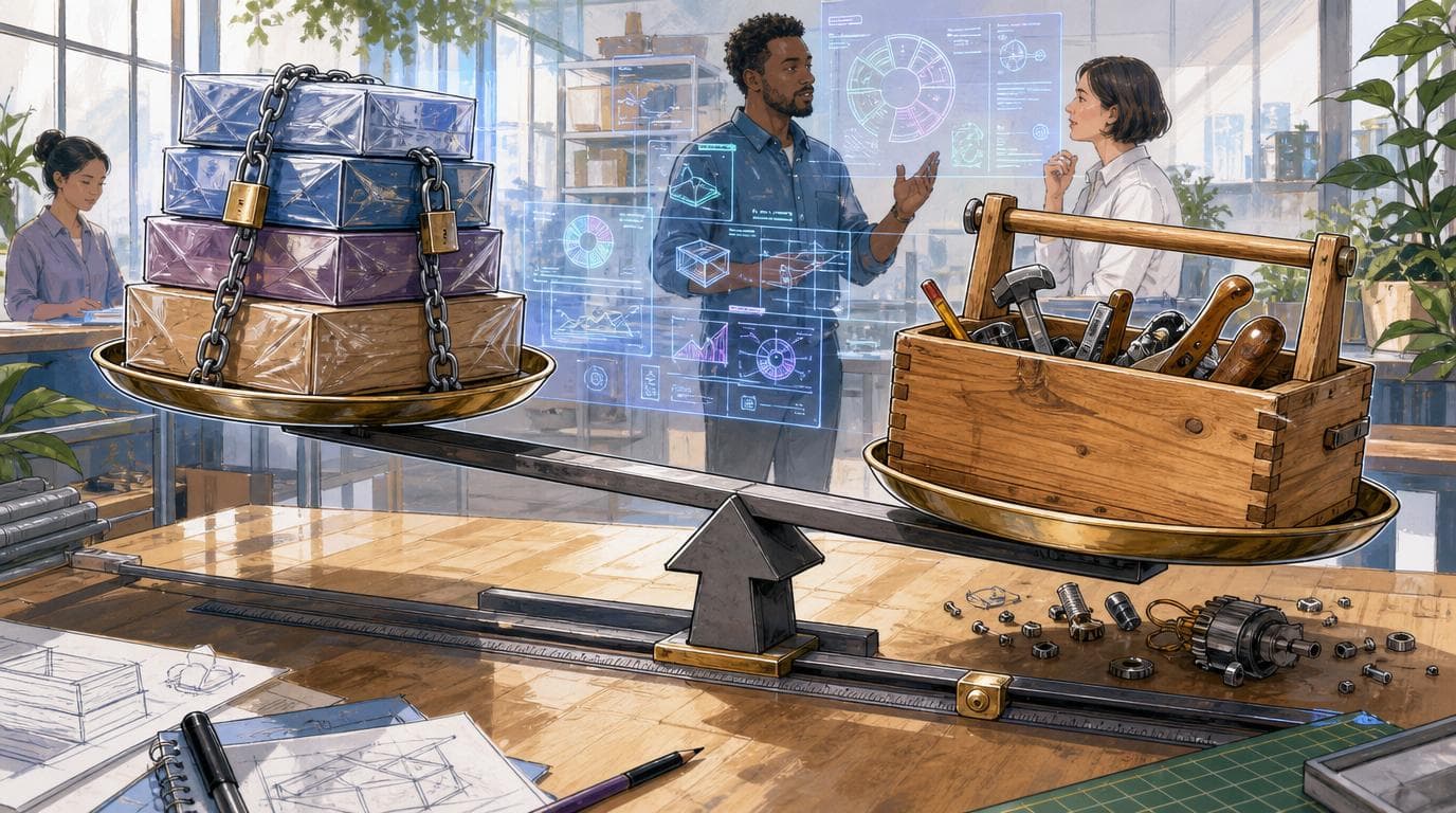 Balance scale weighing chained subscription boxes against a wooden toolbox, fulcrum shifted toward the toolbox.