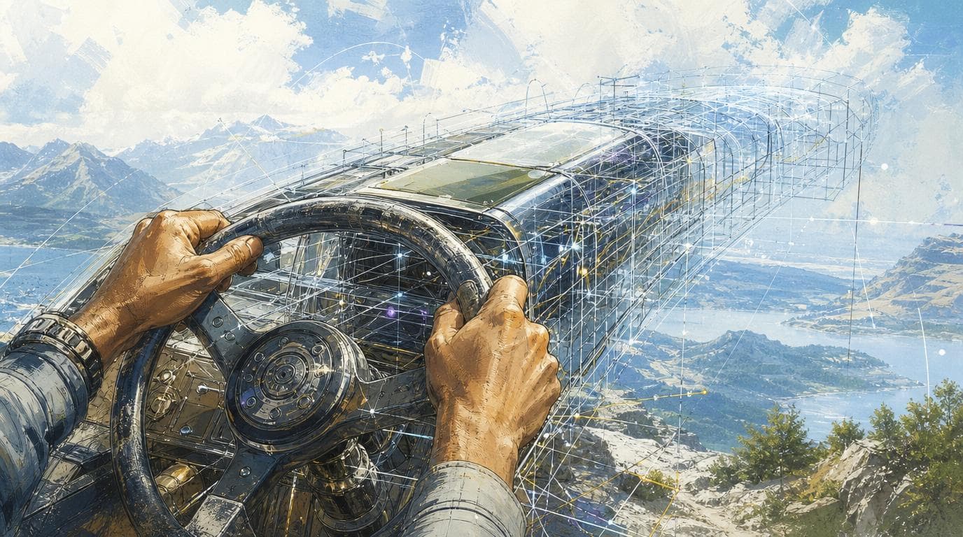 Hands grip a worn steering wheel attached to a half built, glowing wireframe structure with one finished solid panel ahead.